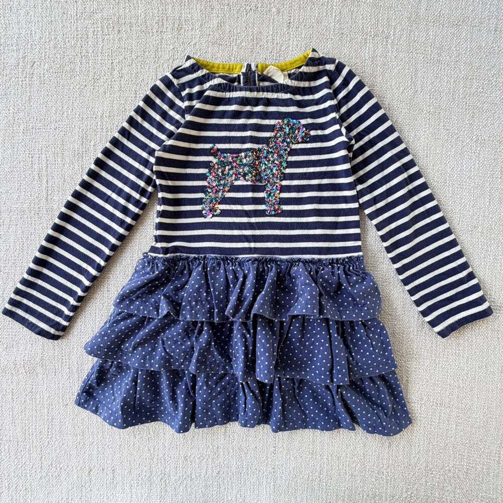 Mini Boden Navy Striped Sequin Dog Long Sleeve Skirted Dress GUC 4/5
